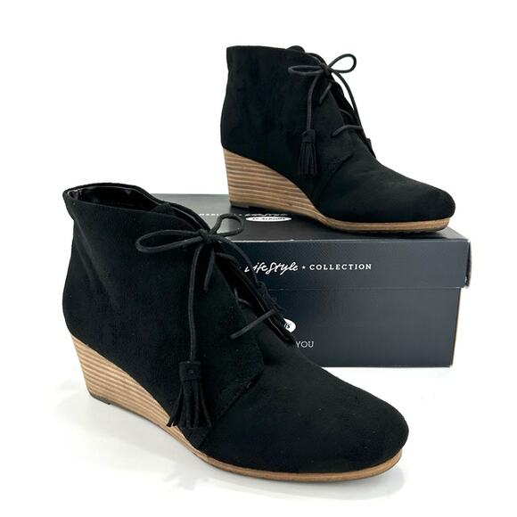 DR. SCHOLL’S “DAKOTA” BLACK FAUX SUEDE LACE-UP WEDGE HEELED ANKLE BOOTS/BOOTIES - Picture 1 of 15